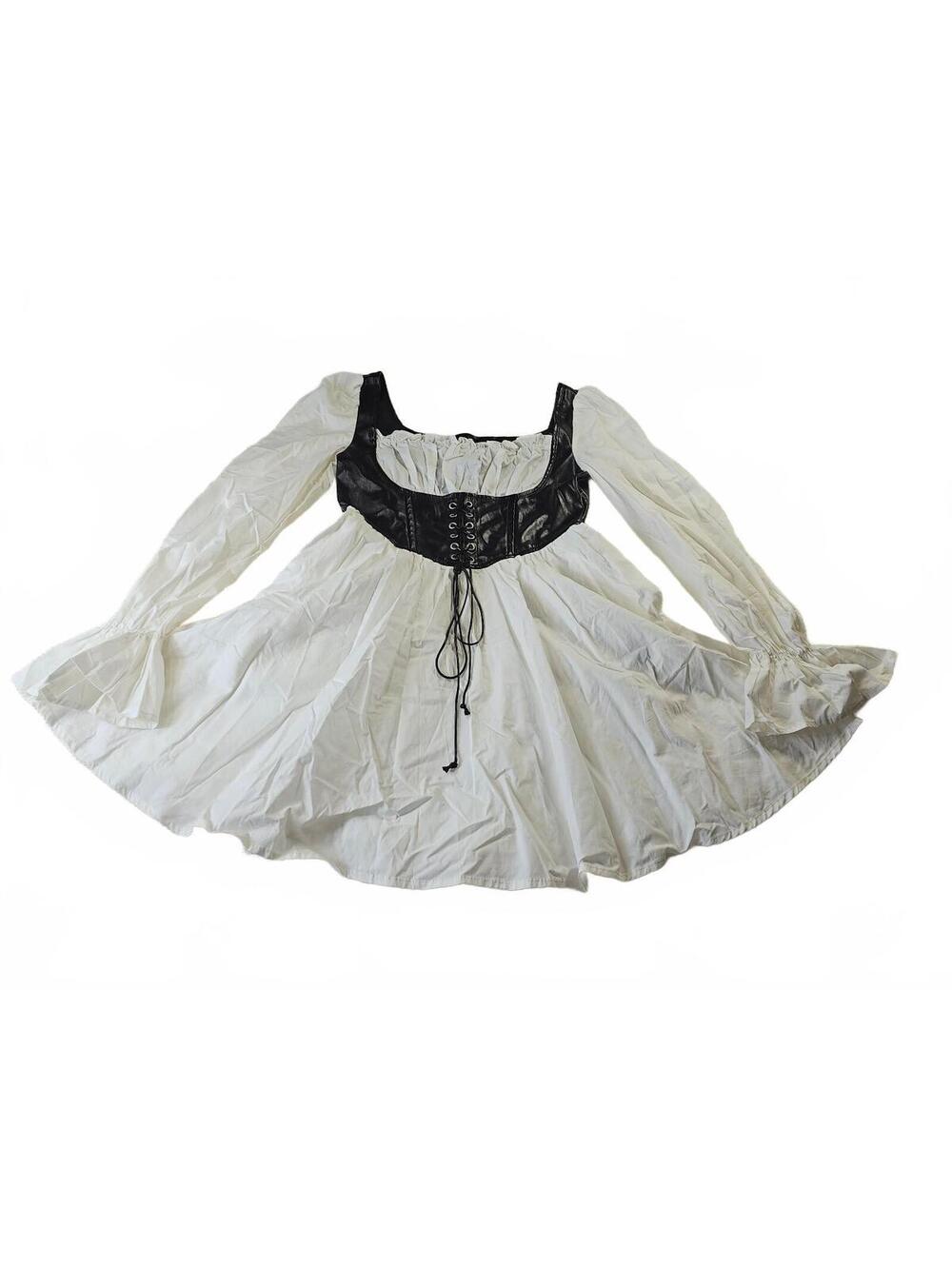 Shein VTG Style White Dress Black Faux Leather Corset Bodice Goth Punk Small 4